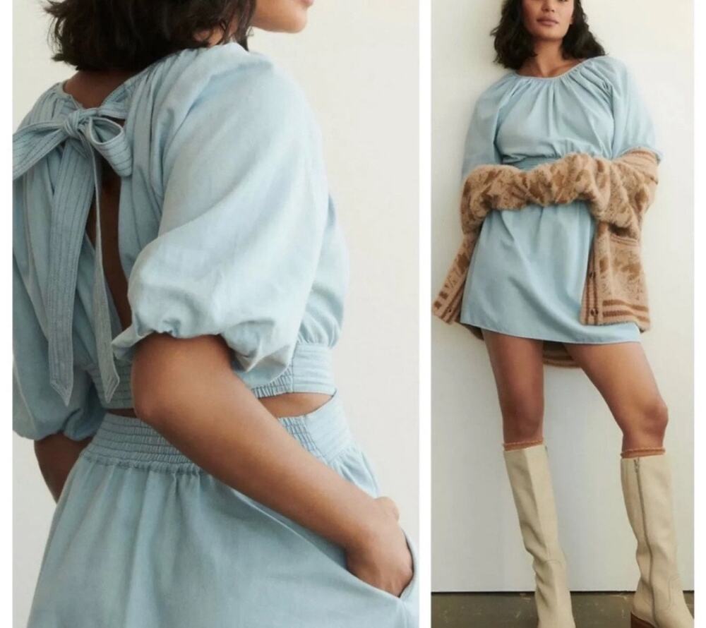 New Anthropologie Love The Label Light Blue Denim Cutout Mini Dress Size: XS NWT